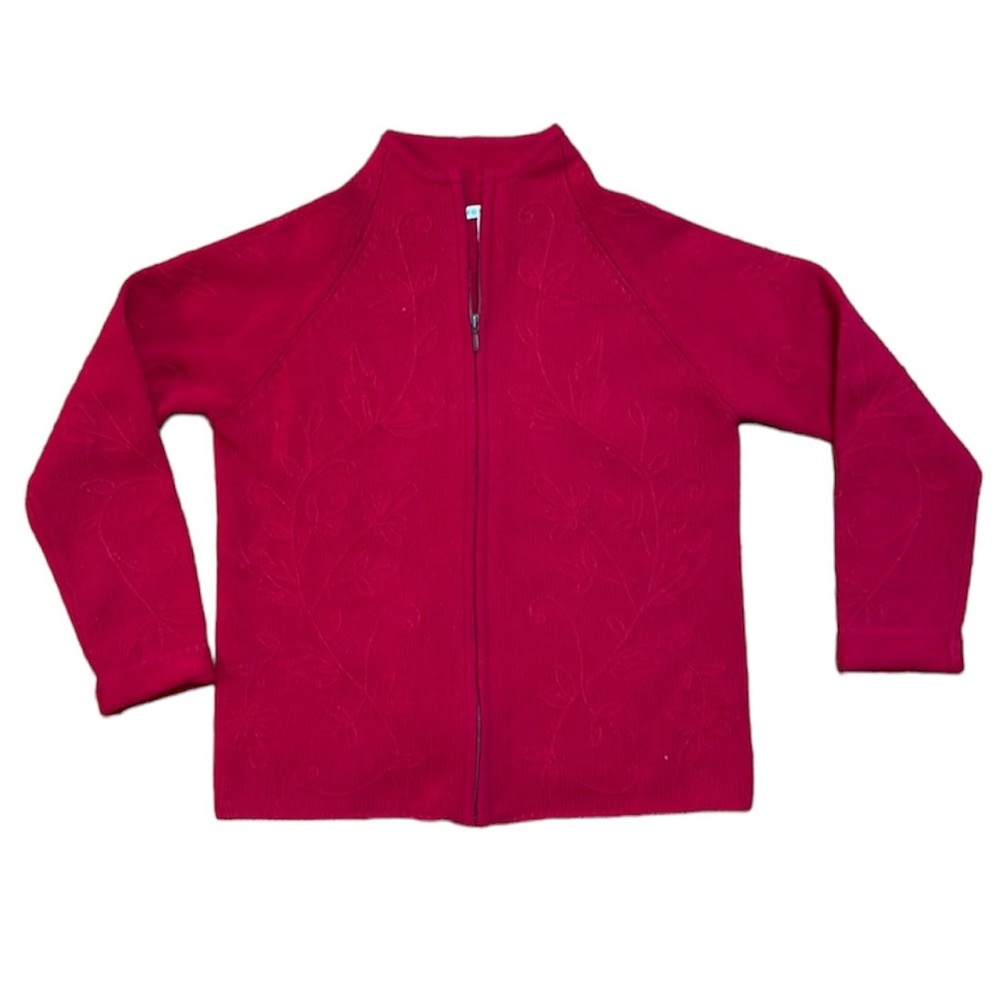 Vintage Zip Up 100% Lambs Wool Jacket/Cardigan Red With Floral Embroidery Size S